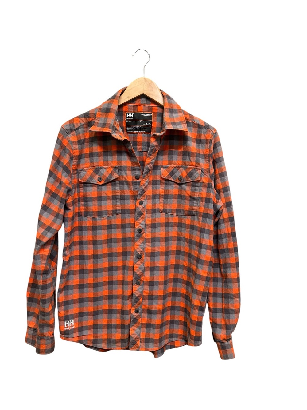 Helly Hansen Gray Orange Check Flannel Work Wear Shirt Size M